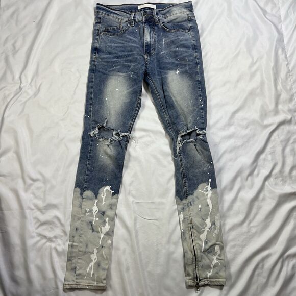 KDNK Men's Jeans Skinny Fit Paint Bleached Destroyed Zip Ankle 30"/31" Stretch - Picture 2 of 11